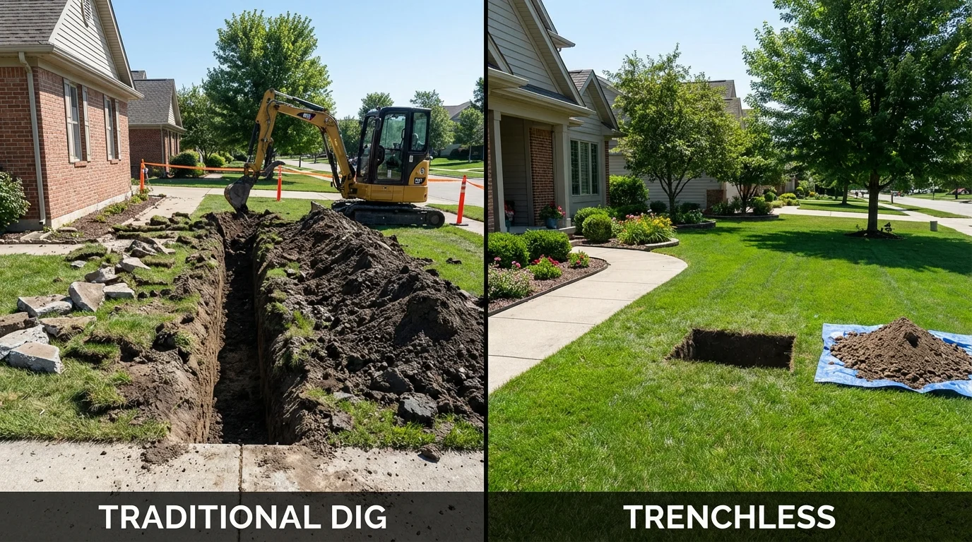 Trenchless sewer repair with minimal yard damage versus traditional excavation in Stow, MA